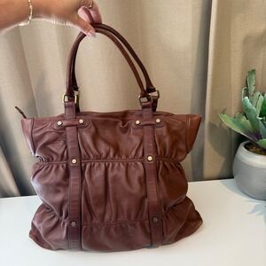 Via Spiga Brown Ruched Leather Tote Bag Brass Hardware Large Shoulder Bag
